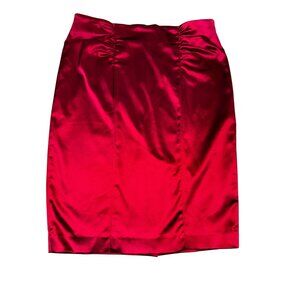Bebe Sleek Red Burgundy Satin Ruched Pencil Skirt Size 10 Sexy Pinup Y2K Bodycon